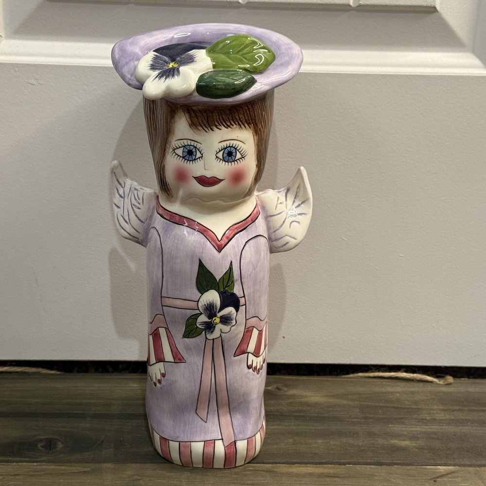 ANGELICA Susan Paley Ganz Pansy‎ Hat Porcelain Angel Wings Vase Vintage 11 inch